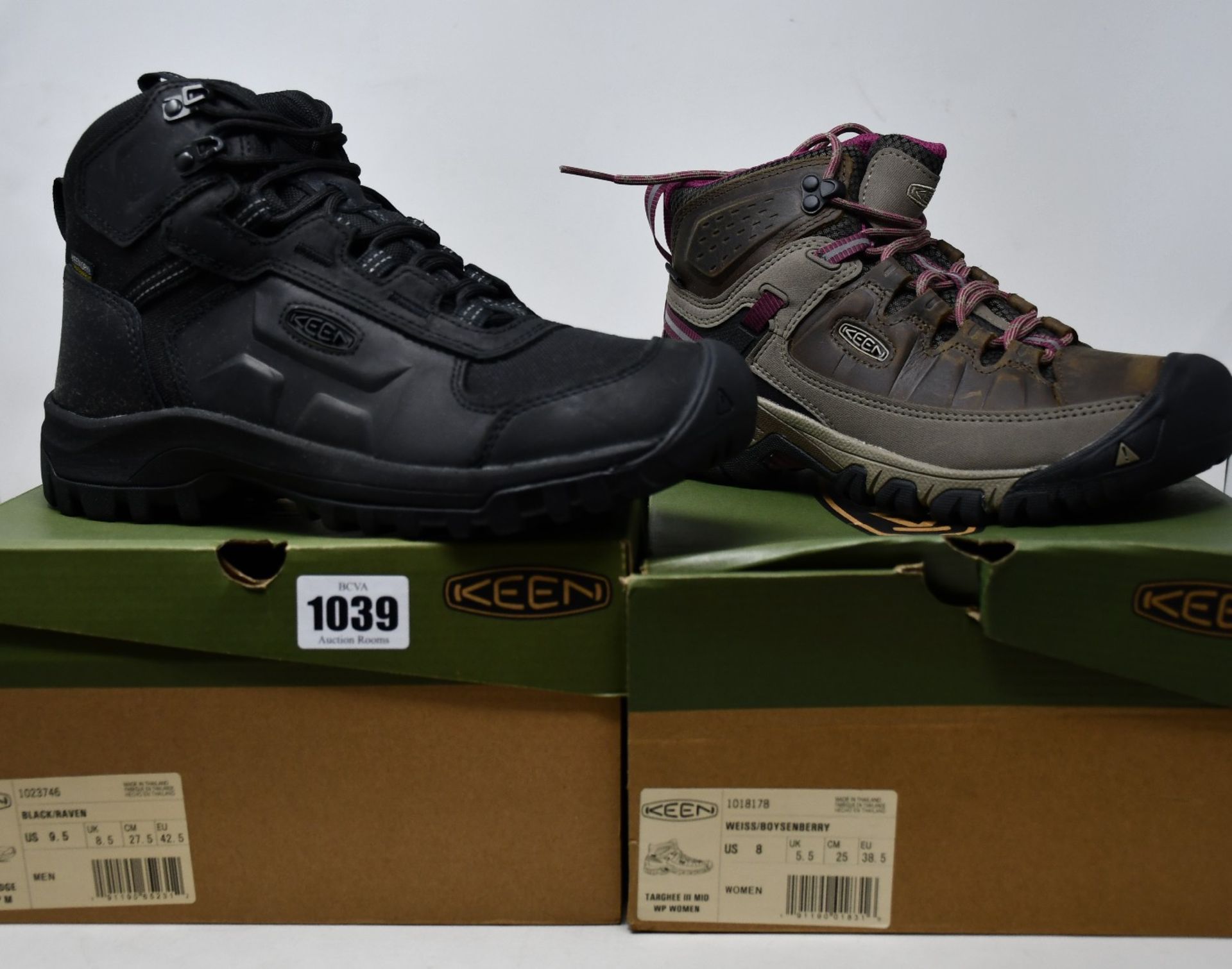 A pair of as new Keen Basin Ridge Mid waterproof boots (UK 8.5) and a pair of women's as new Keen