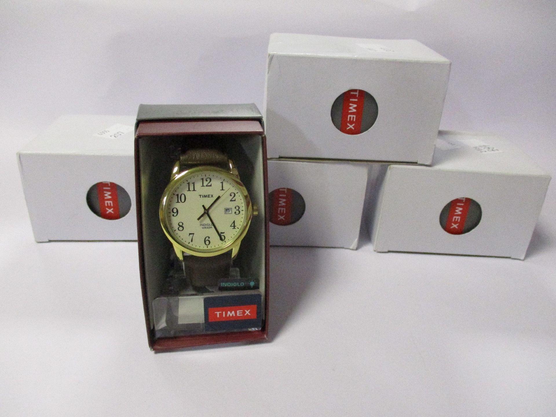 Five men's as new Easy Reader gold-tone case and brown leather strap watches (TW2P75800).