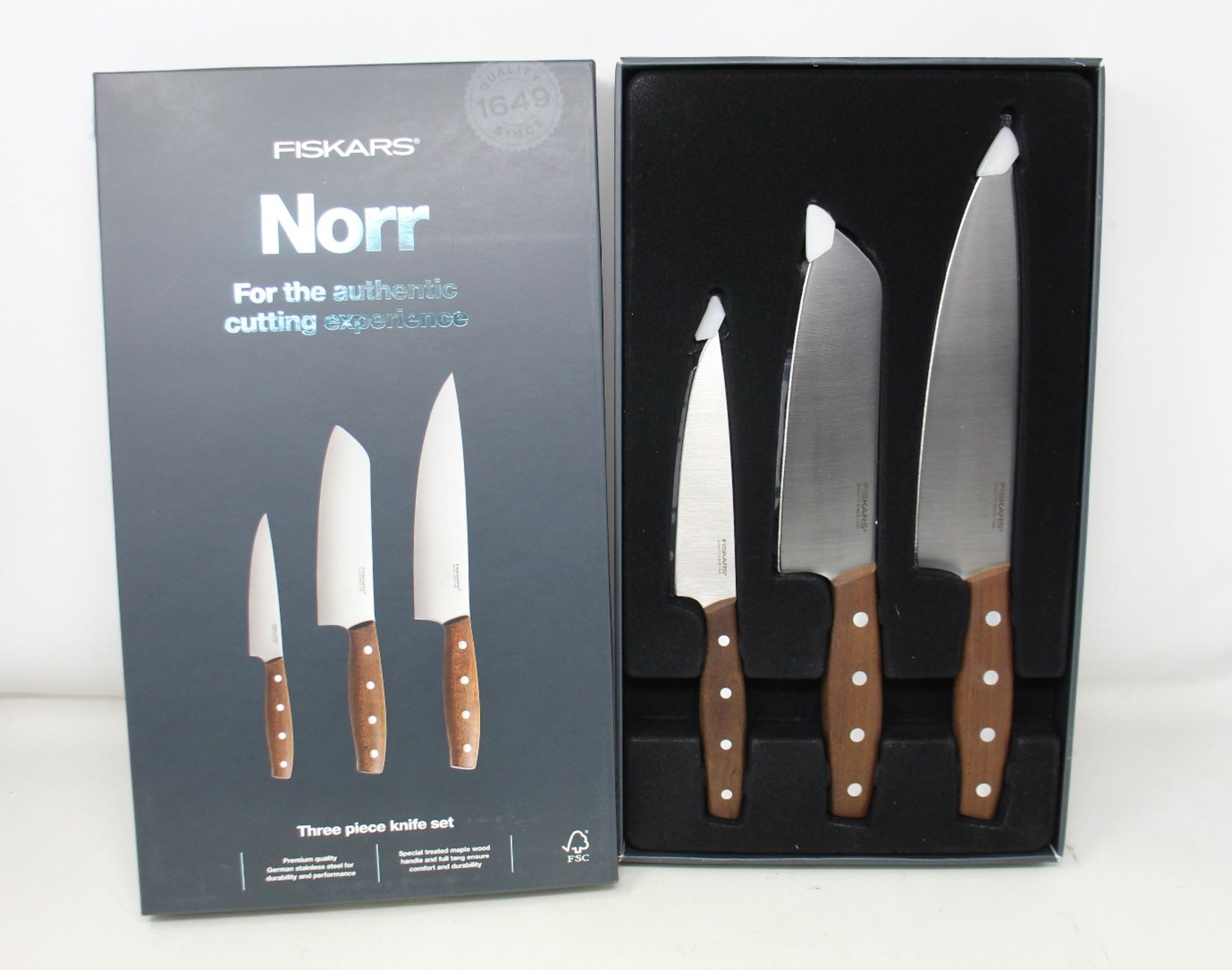 Three Fiskars Norr three piece knife sets (Over 18s only).