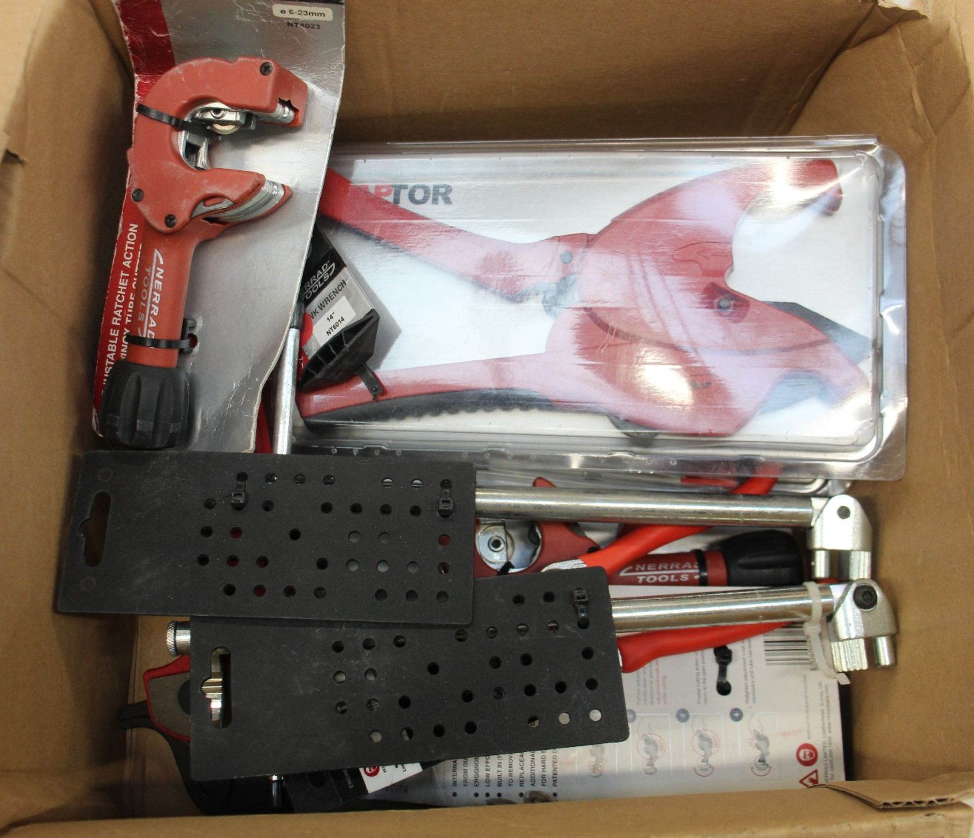 A quantity of Nerrard Tools to include Raptor ratchet action plastic and tube cutter, adjustable