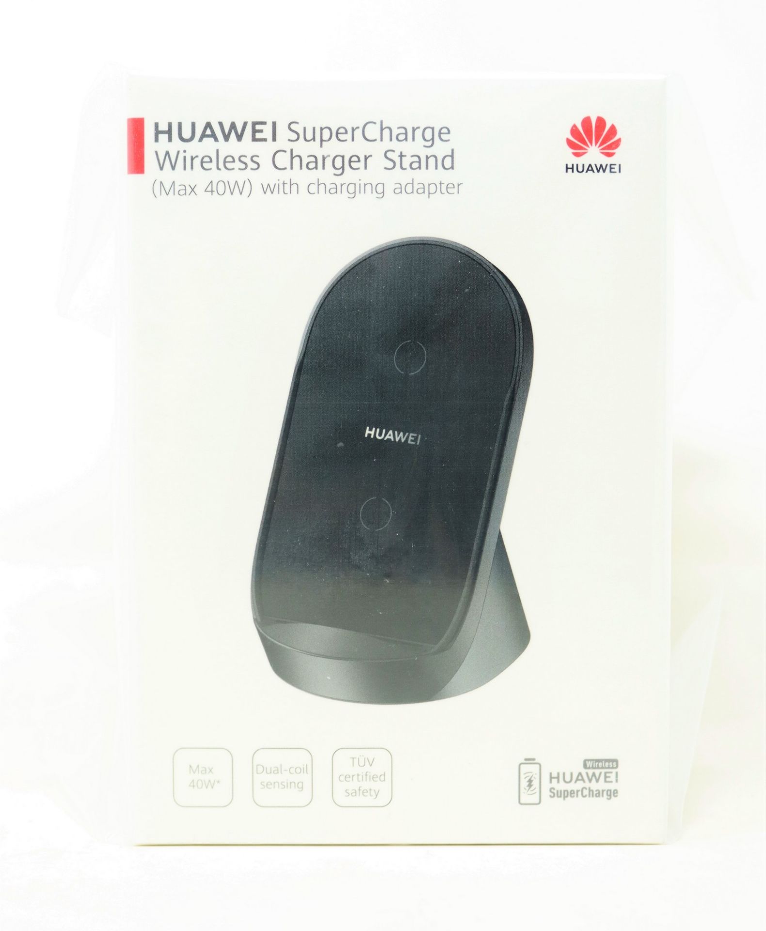 A boxed as new Huawei SuperCharge 40W Wireless Charger Stand in Black (P/N: CP62) (EU two pin plug