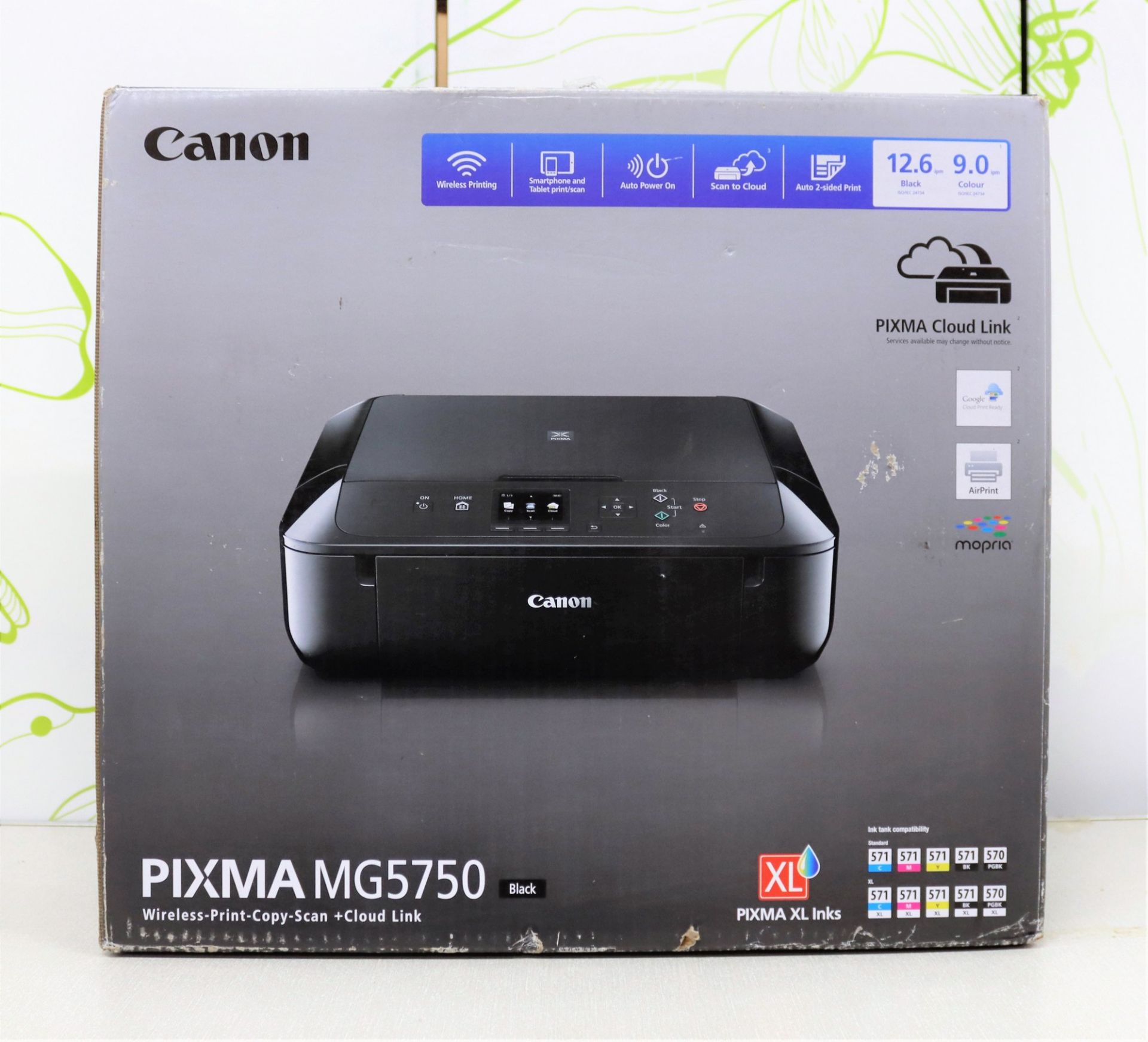 A boxed as new Canon Pixma MG5750 all-in-one Airprint/Cloud Link printer in black (box damaged)