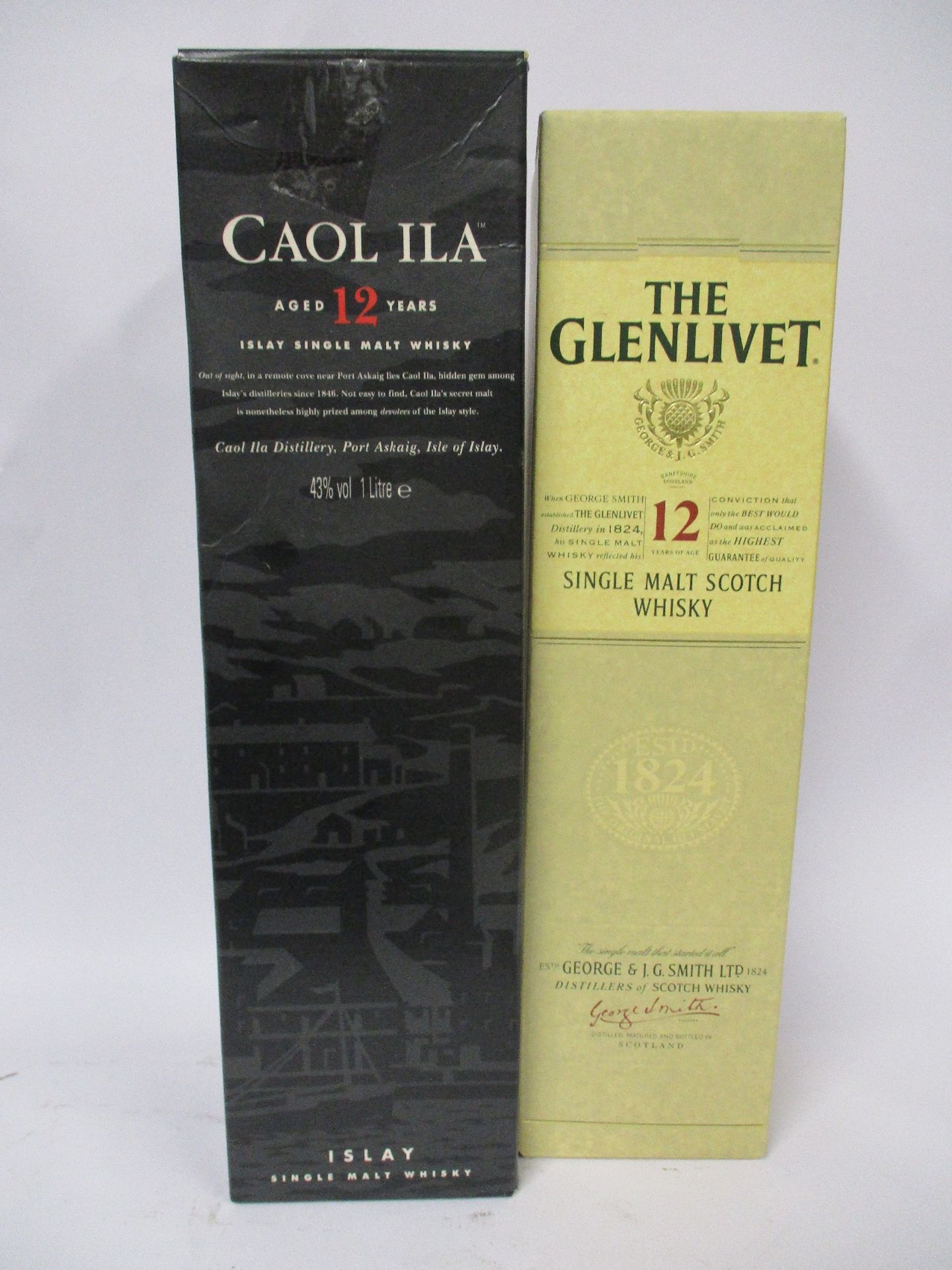 A Caol Ila aged 12 years Islay single malt whisky (1ltr) and The Glenlivet 12 year single malt