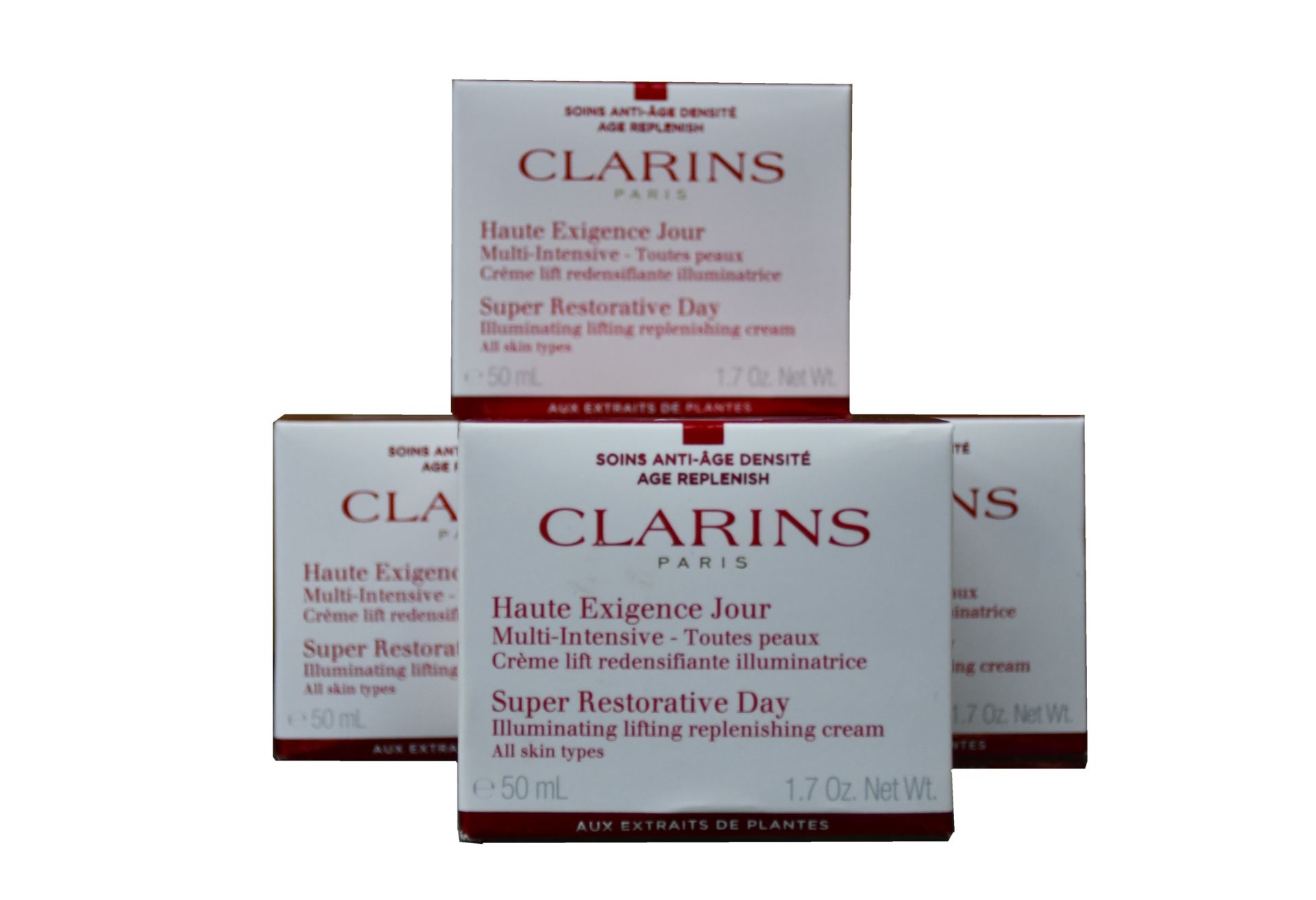 Five boxed as new Clarins Super Restorative Day Cream (50ml).