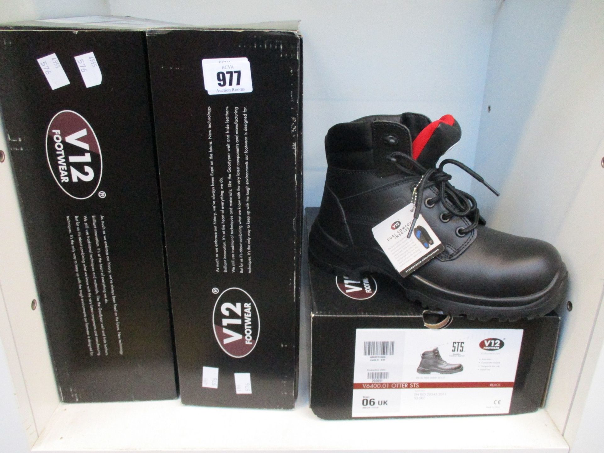 Three pairs of as new V12 Footwear metal free Derby work boots (1 x UK 6, 2 x UK 13).