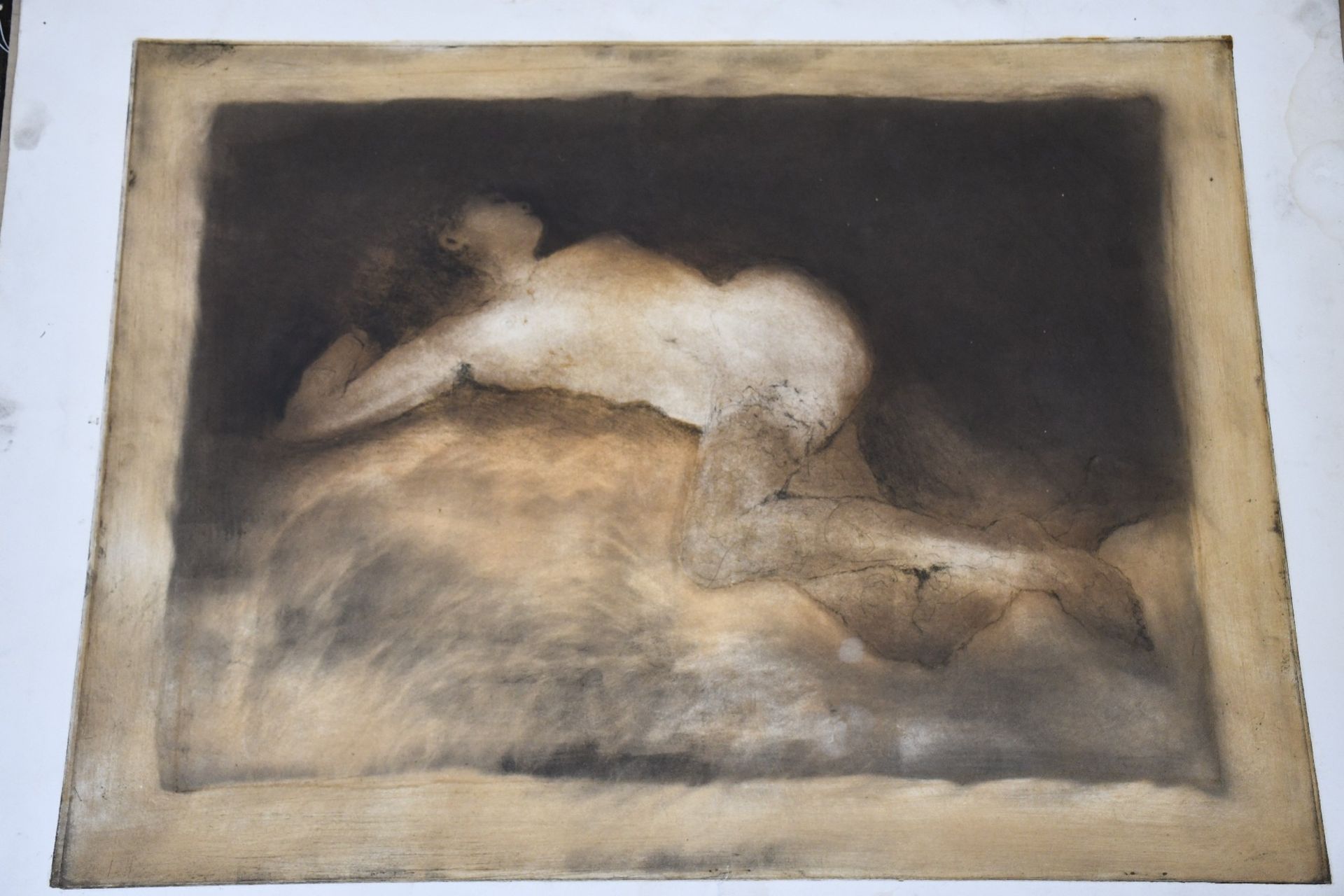 Two 20th Century Nude Etchings On Paper, Artist unknown, One overworked with chalk and gold coloured