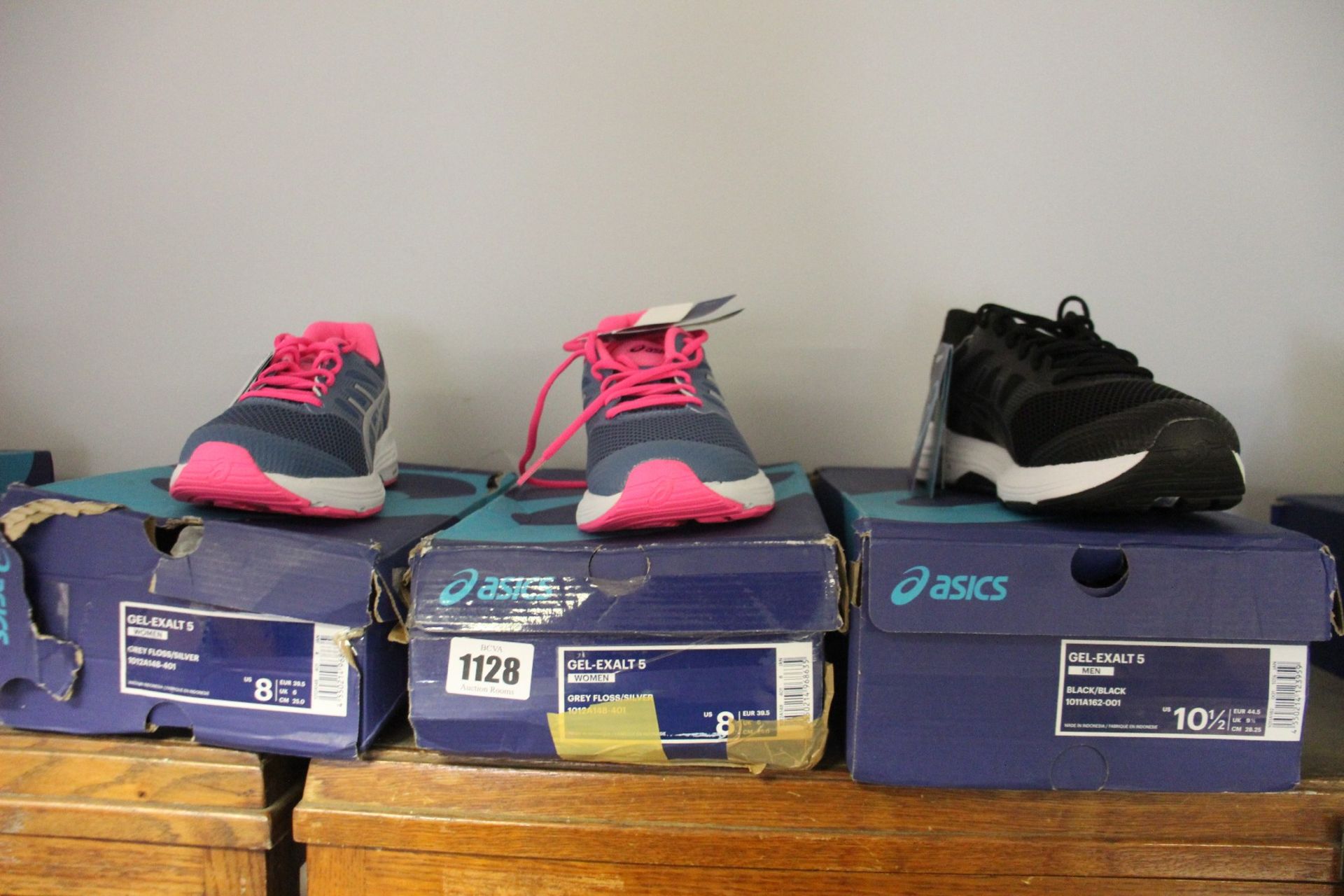 Two pairs of women's as new Asics Gel-Exalt trainers (UK 6) and a pair of men's Gel-Exalt 5 (UK 9.