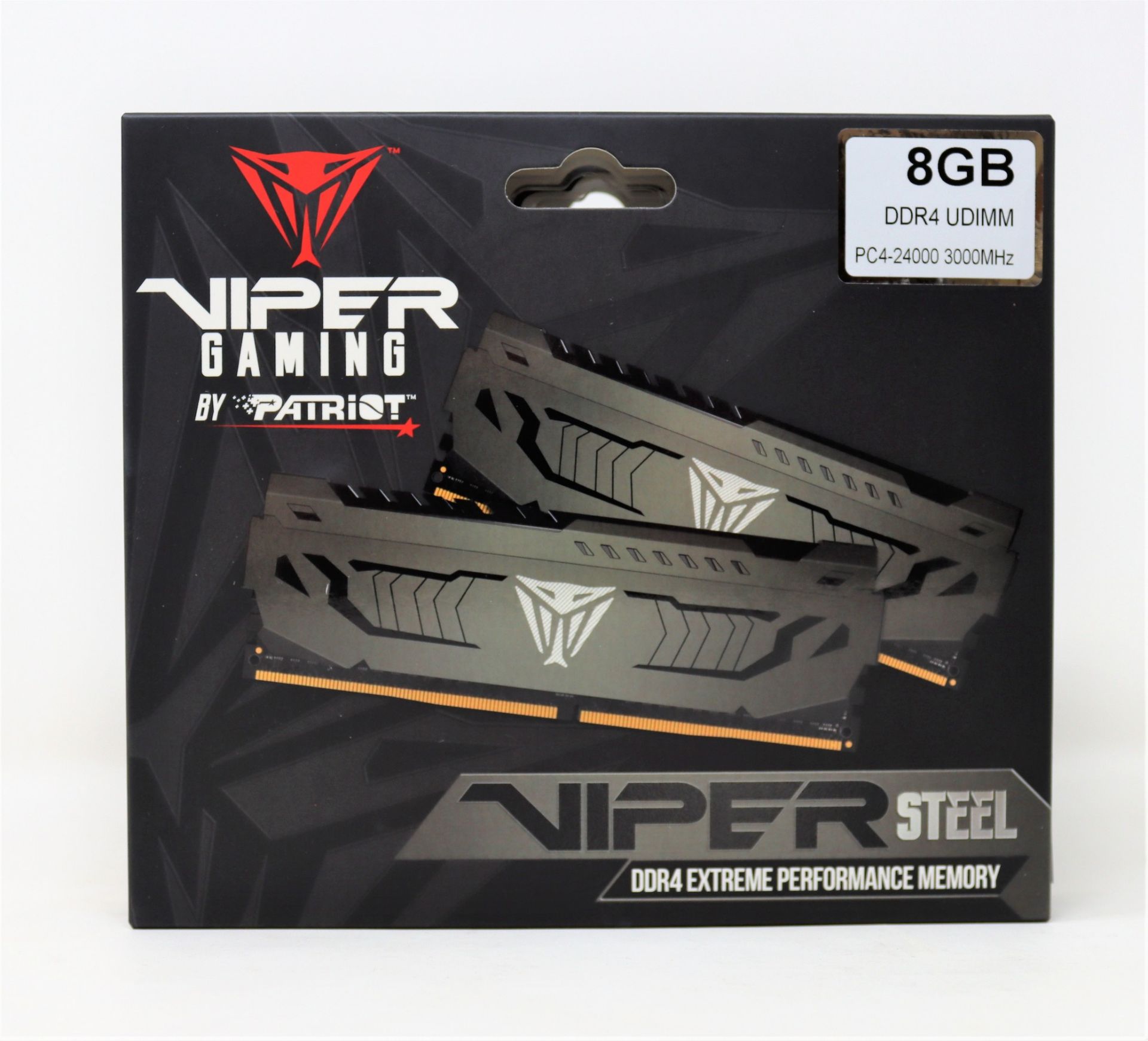 Two boxed as new Patriot Viper Steel 8GB (1x 8GB) 3000MHz DDR4 UDIMM Memory Modules (Some damage