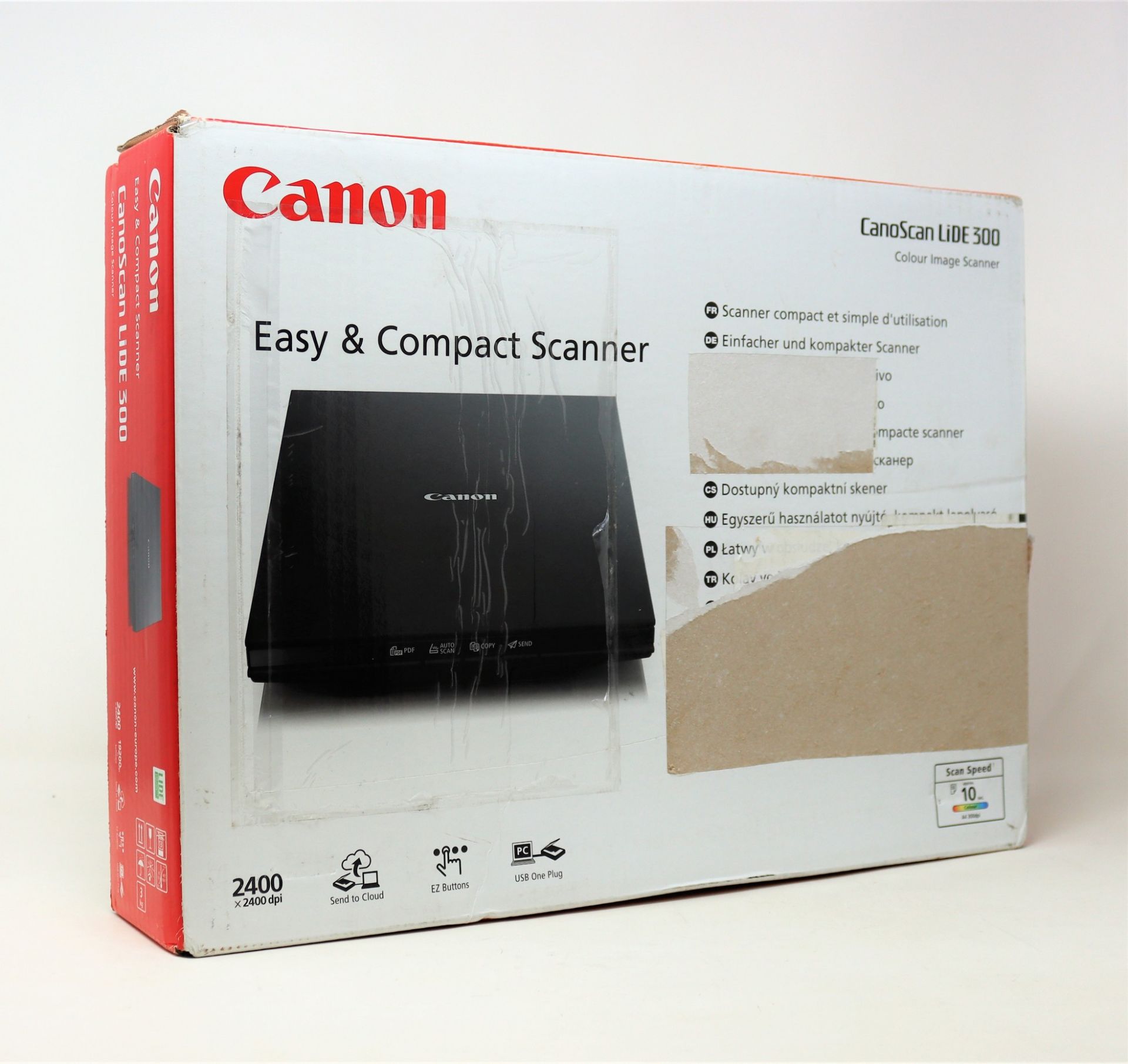 A boxed as new Canon CanoScan LiDE 300 Flatbed Scanner (Box opened, some damage to box).