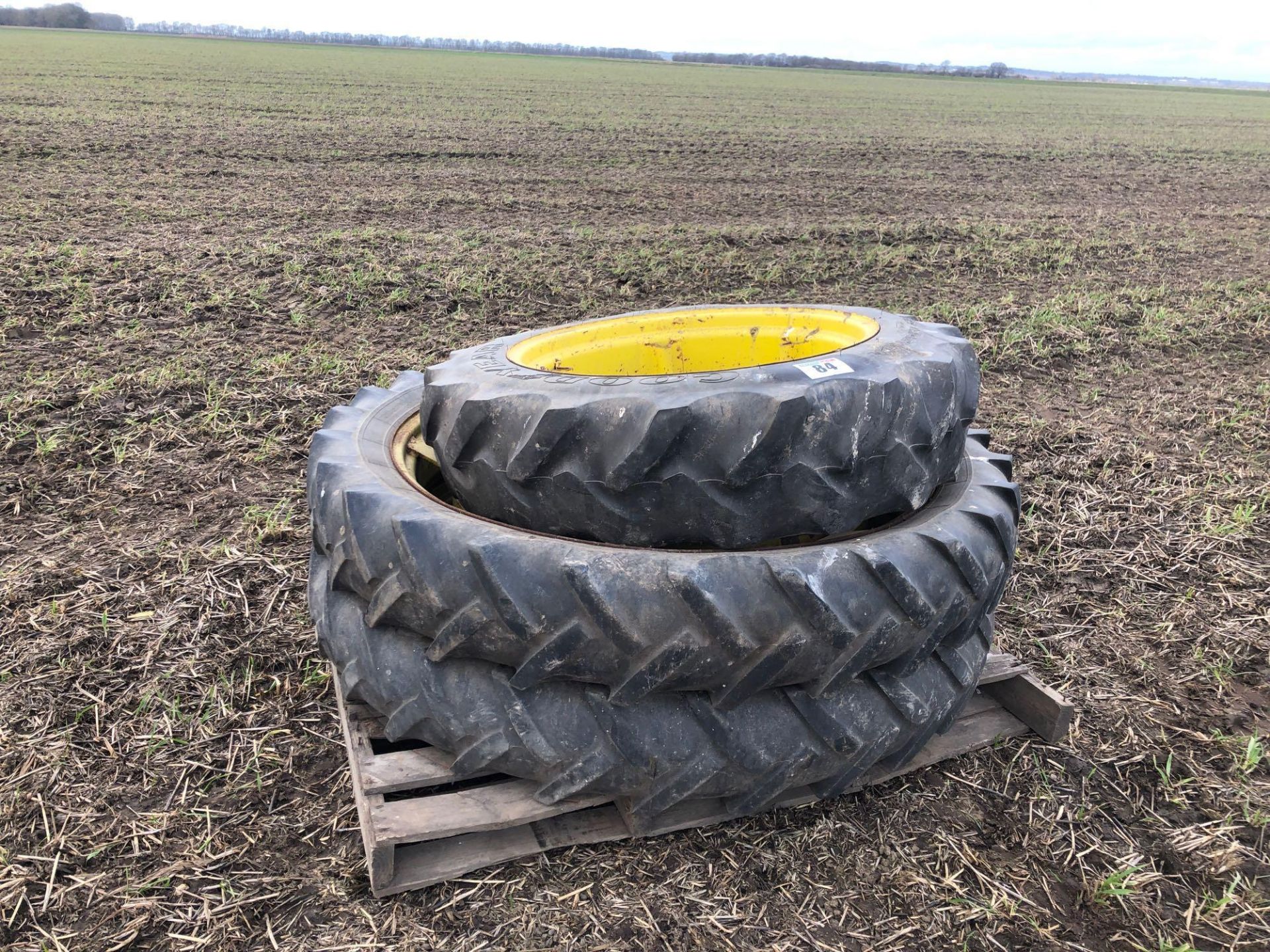 Pair 9.5-44 row crop wheels and tyres and single 11.2R28 wheel and tyre with extra rim