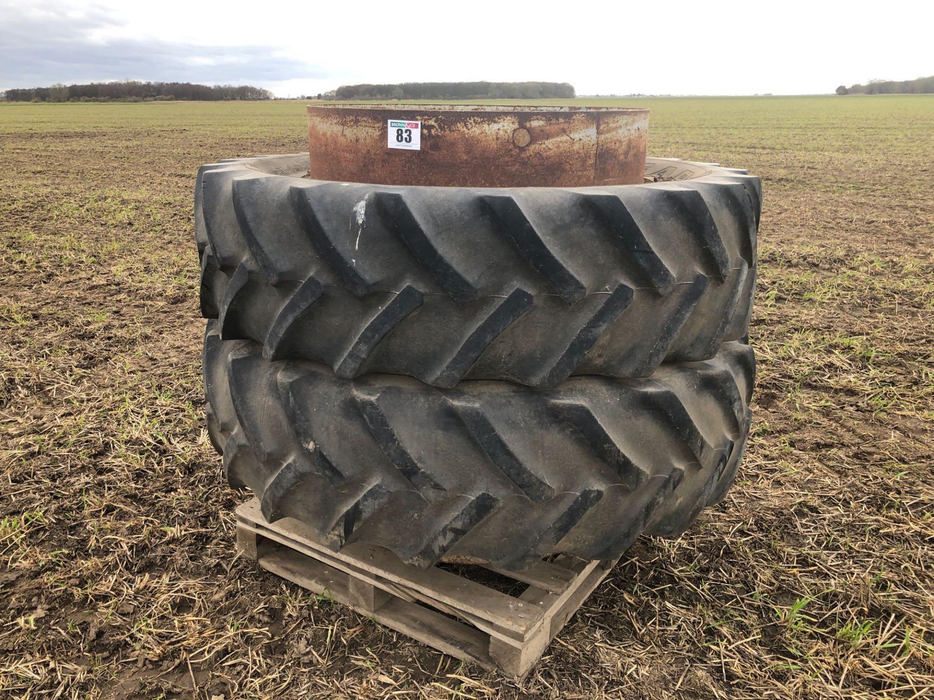 Pair 16.9R38 dual wheels and tyres with clamps