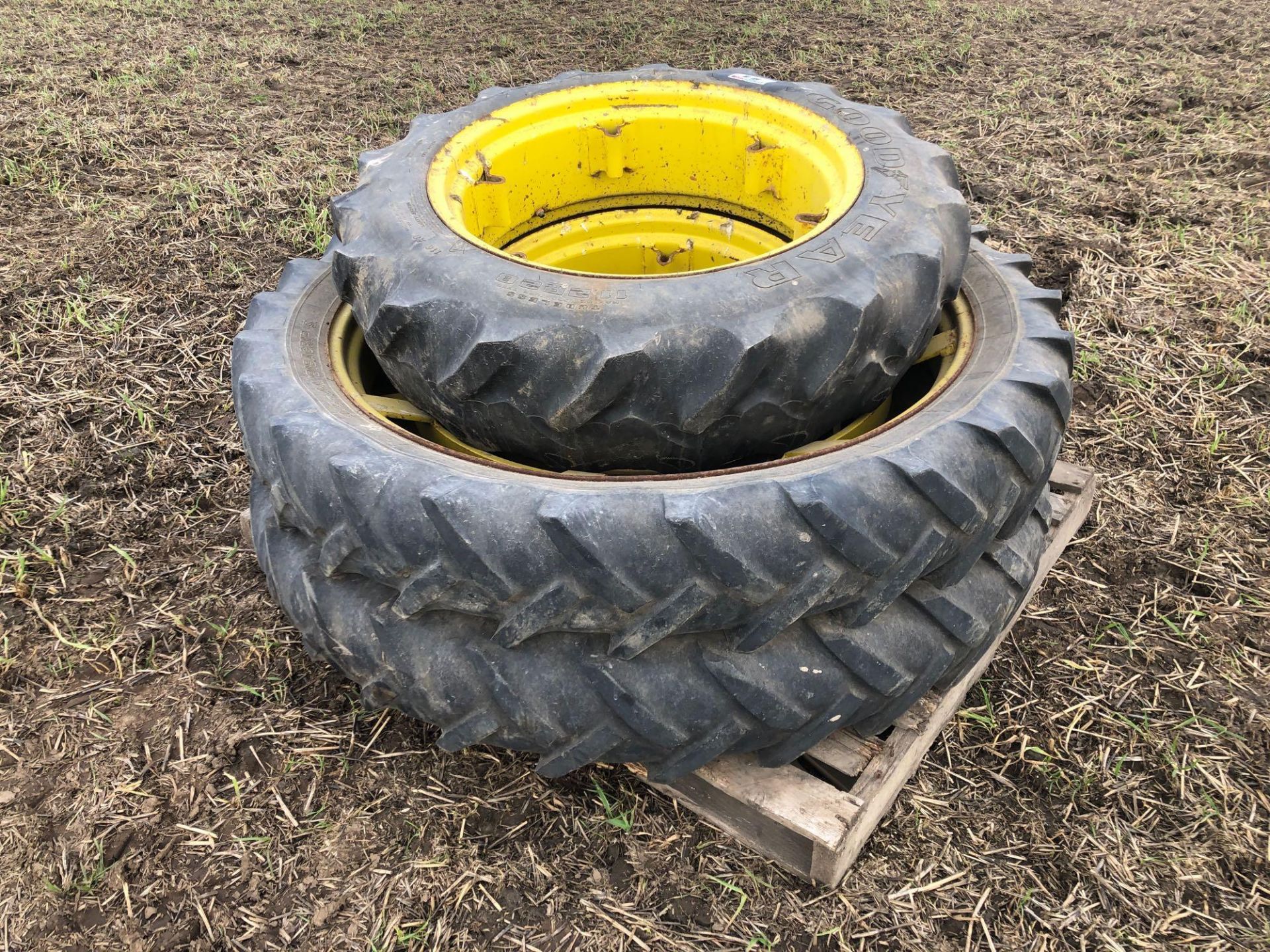 Pair 9.5-44 row crop wheels and tyres and single 11.2R28 wheel and tyre with extra rim - Image 2 of 2