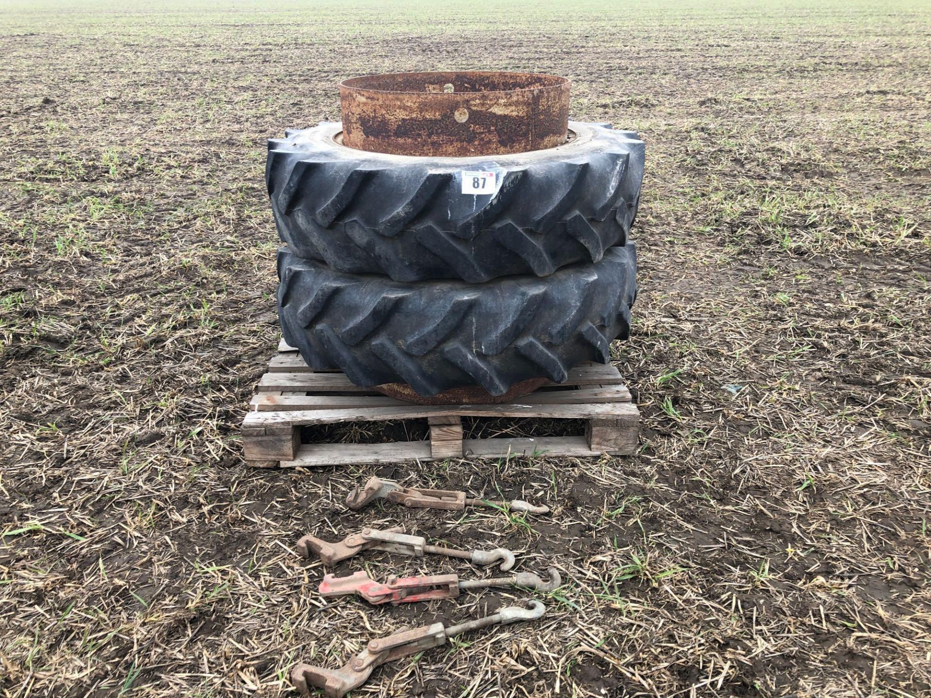 Pair 12.4R28 dual wheels and tyres with clamps