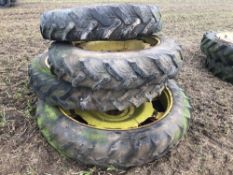 Set 11.2R48 rear and 270/95R32 front row crop wheels and tyres with John Deere centres