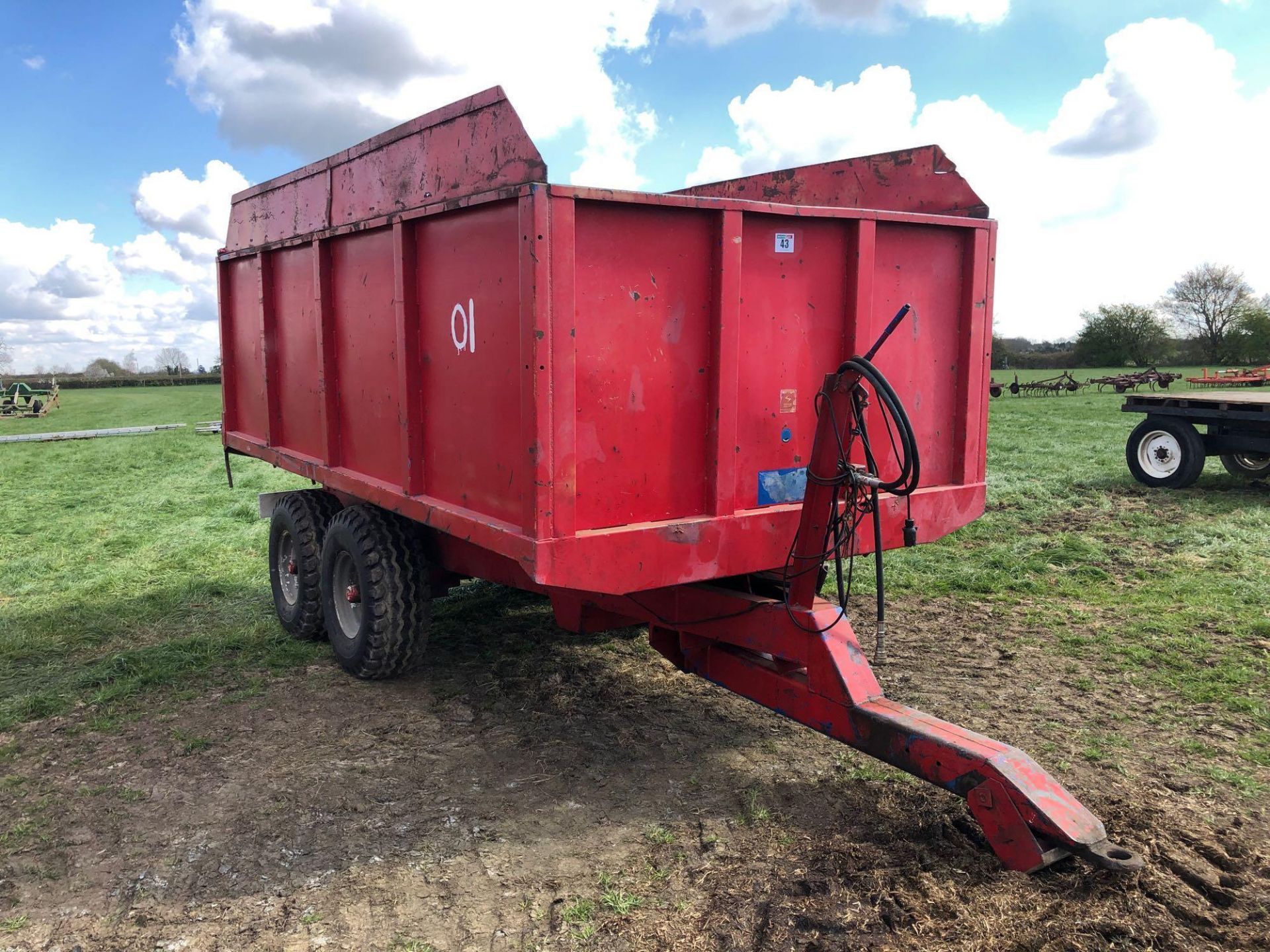 1978 AS Marston 9t twin axle hydraulic tipping grain trailer with manual tailgate and grain chute. S