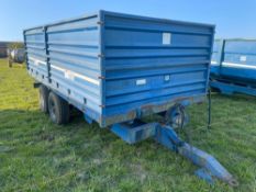 1986 AS Marston 10t drop side twin axle hydraulic tipping trailer with manual tailgate and grain chu