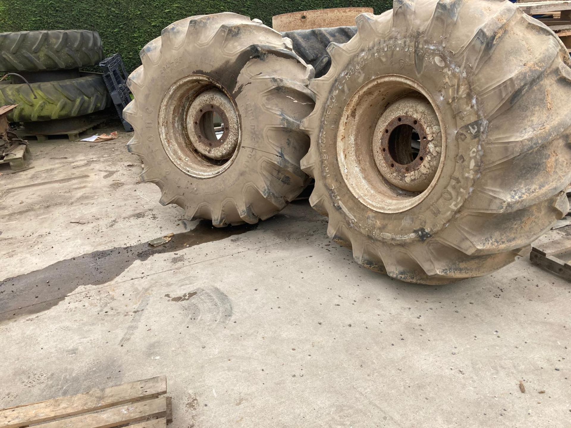 Pair of wheels and 28L-26 tyres to fit Chafer sprayer.