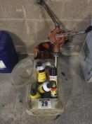 Assorted oils, starting fluid, oil pumps and funnels etc