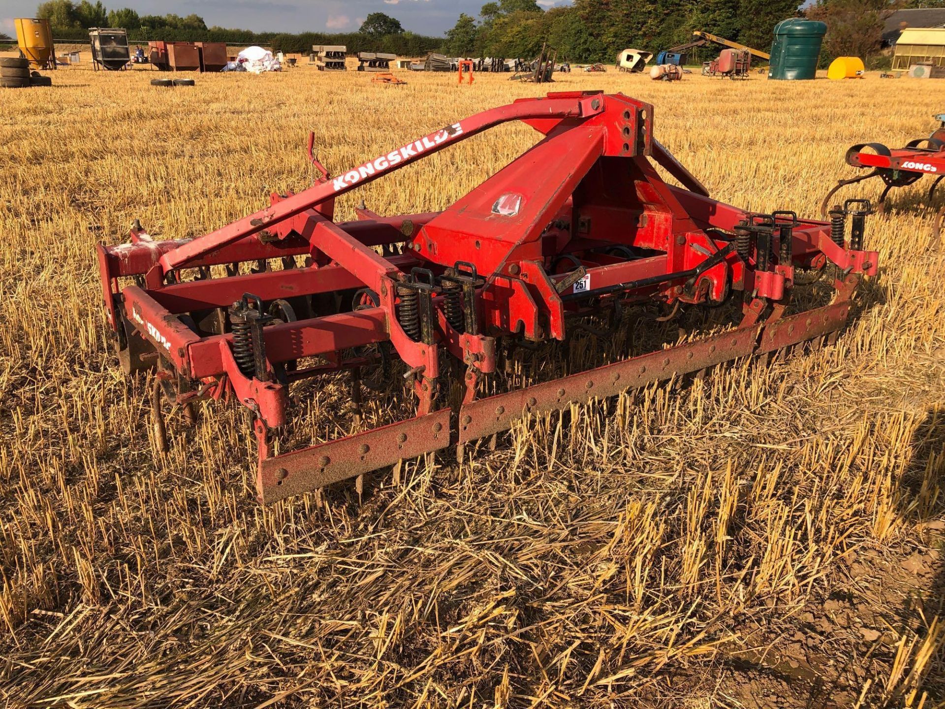 Kongskilde 3m linkage mounted spring tine cultivator with front levelling board and rear packer roll