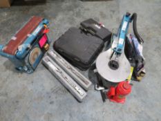 BOTTLE JACK, COIL SPRING COMPRESSOR, 2 TORQUE WRENCHES, SCROLL SAW, IMPACT WRENCH, BELT & DISC
