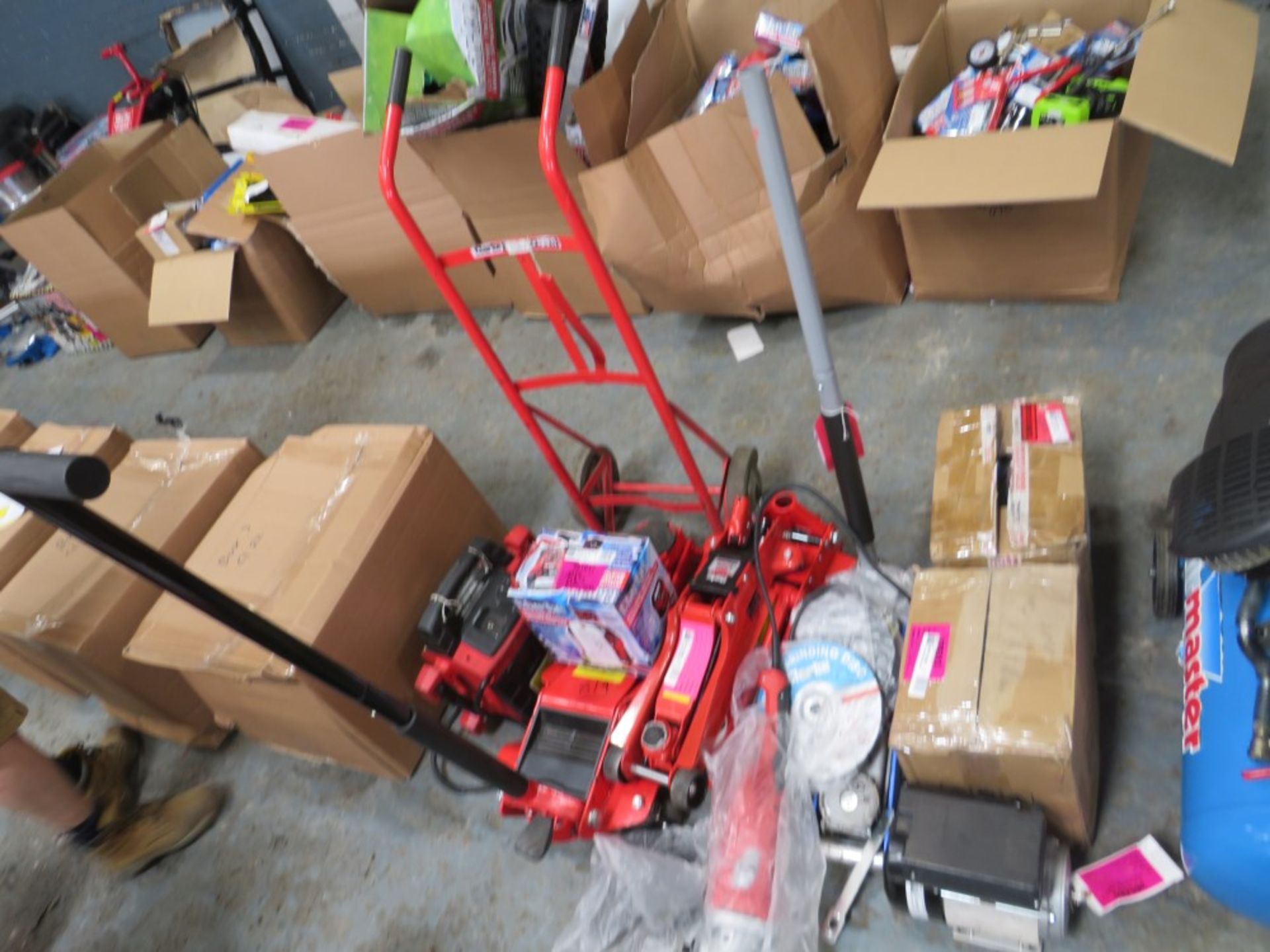 2 x COMPRESSOR PUMPS, MOTOR, JUMP START, CHARGER, 4 x JACKS, SACK TRUCK, ANGLE GRINDER [+ VAT]