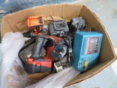 BOX OF ASSORTED DRILLS, BATTERIES & CHARGERS [NO VAT]