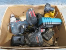 BOX OF ASSORTED DRILLS/BATTERIES & CHARGERS [NO VAT]