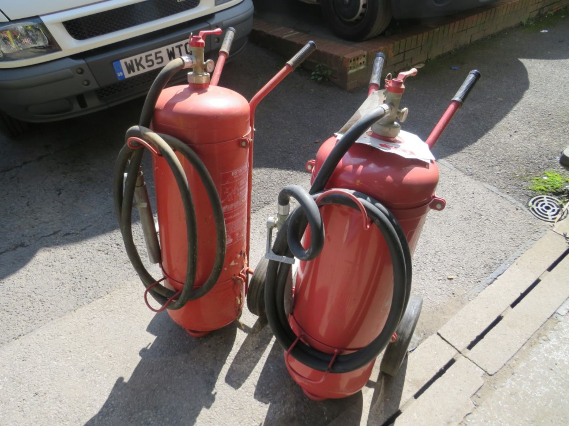 2 X HEAVY DUTY FIRE EXTINGUISHERS 50KG ON TROLLEYS WITH HOSE [NO VAT]