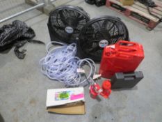 AIR HOSE, RIVETER, STAPLE & NAIL GUN KIT, 2 x FAN, BOTTLE JACK, DRUM PUMP, JERRY CAN [+ VAT]