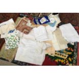 A mixed box of vintage lace, linen, tablecloths, napkins, fabric samples, etc (in wooden drawer)