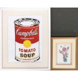 A Campbell's Tomato Soup framed print, 30x38cm; together with a 3D image of a clown, 13x18cm