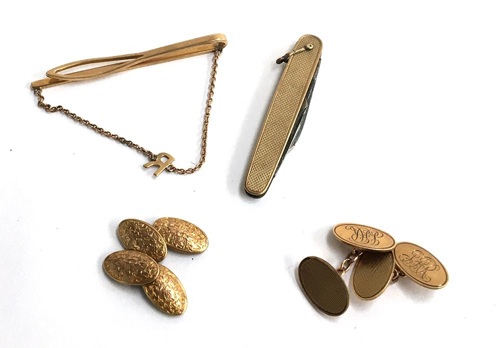Pair of 9ct gold cufflinks together with one another, 9ct gold penknife and a 9ct gold tie clip.