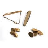 Pair of 9ct gold cufflinks together with one another, 9ct gold penknife and a 9ct gold tie clip.