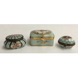 A set of three Limoges trinket boxes, light blue with floral design, marked to base