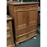 A pine cupboard, four doors on bracket feet, 97x56x144cmH