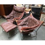 Two Danish mid-century chrome and leather bucket chairs, with matching footstool