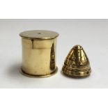 A brass trench art lidded pot, the top marked 'April 1900'; together with another brass item