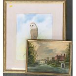 A large print of an owl, 46x35cm; together with an English street scene, oil on board, signed R.T
