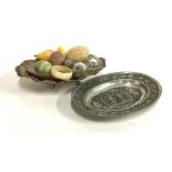 A small quantity of mineral eggs, together with mineral fruits; glass stoppers; plated bonbon dish