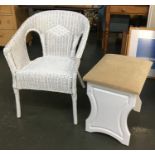 A Lloyd Loom style wicker chair; together with a contemporary upholstered stool