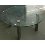 A contemporary circular glass and chrome coffee table, 90x39cm