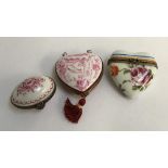 Three Limoges peint main trinket boxes, one heart shaped with cherub design, marked to base