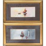 A pair of watercolours of fishing boats on a calm sea, one monogrammed J.C, each approx. 11x27cm (2)