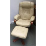 A cream vinyl and bentwood Ekornes style swivel chair, with matching footstool