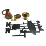 A wrought iron owl weather vane, together with a small quantity of brass items and a copper jug,