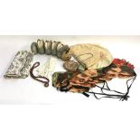A mixed lot to include a Liberty caterpillar; beaded velvet purse; party game masks; kid gloves; tea