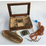 Wood and glass jewellery box containing various items of costume jewellery and others including a