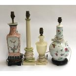 A lot of four table lamps: one hand painted in Oriental style with butterflies and flowers; one