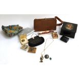 A mixed lot to include Russian lacquered box; handbag; costume jewellery; coral necklace; purse etc