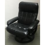 A black leather Ekornes style swivel chair, together with a black vinyl circular foot stool